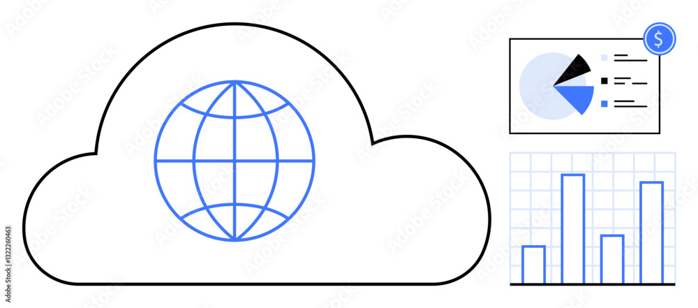 Poster globe inside cloud symbolizing cloud computing, adjacent to analytics with bar chart and pie chart. 