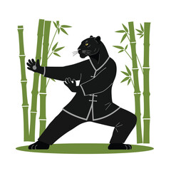 Black panther in martial arts pose among bamboo in flat vector art