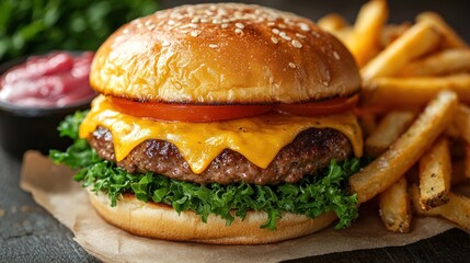 Cheesy burger with fries