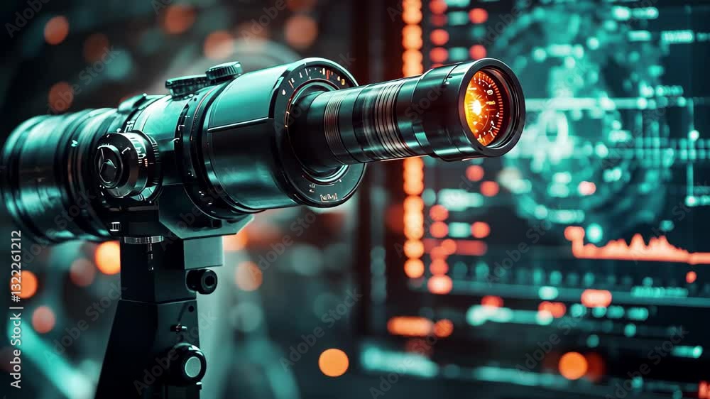 Poster scope scanning and data processing on a black background with advanced technology and digital overla