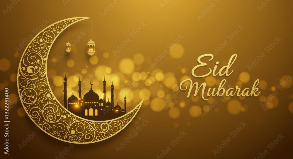 Fototapete a festive design for celebrating eid mubarak a crescent moon with golden traditional swirls patterns