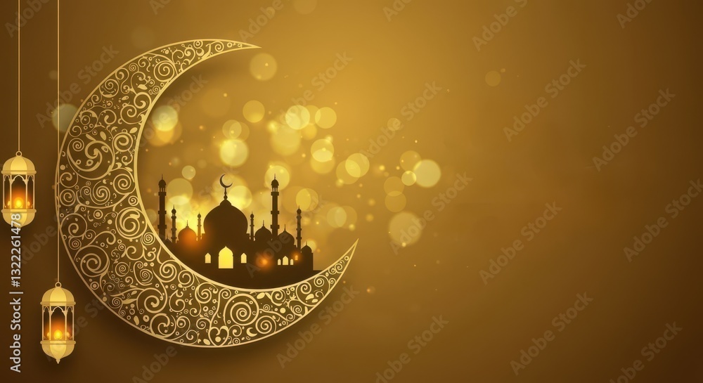 Fototapete a festive design for celebrating eid mubarak a crescent moon with golden traditional swirls patterns