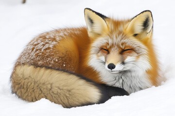 Fototapeta premium Red fox resting peacefully in the snow-covered winter landscape