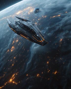A high-tech spaceship with glowing orange and blue lights orbits Earth, representing futuristic space travel and interstellar exploration.  