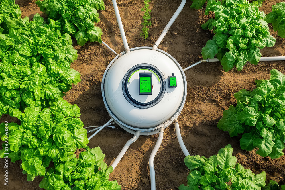 Poster an advanced irrigation tank equipped with sensors monitors water levels, efficiently distributing re