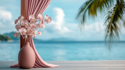 tropical wedding decor, exquisite tropical wedding arch adorned with cascading orchids, on a wooden deck with an ocean backdrop, room for text