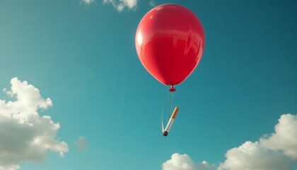 Fototapeta premium Red balloon carrying a cigarette floats in the sky for World No Tobacco Day 