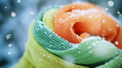 A multicolored scarf wrapped in itself is dusted with snow, nestled in a cold, wintry scene, merging color and tranquility.