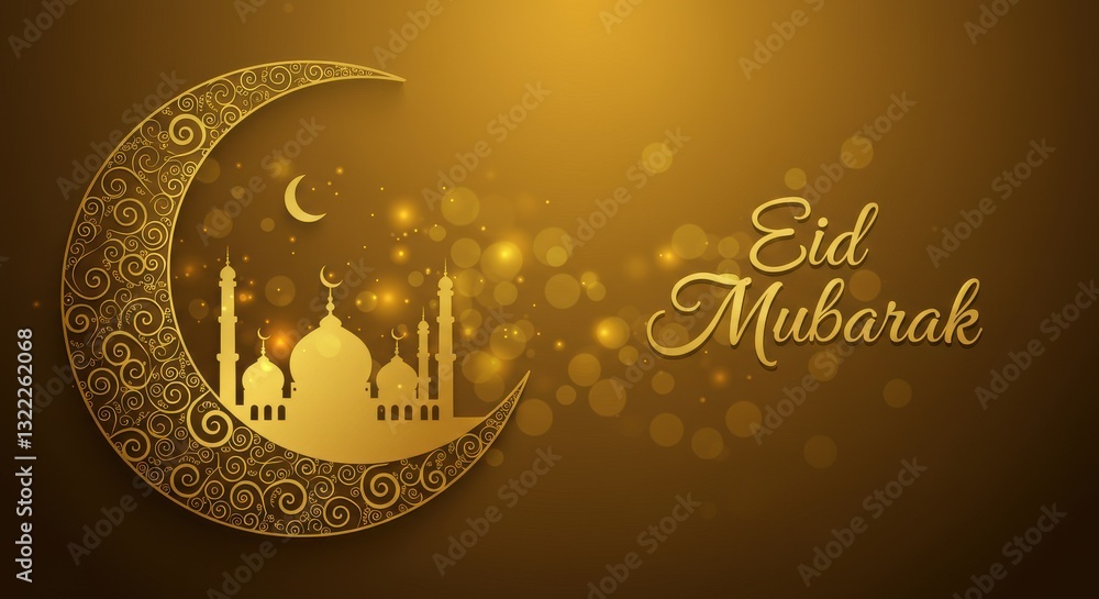 Fototapete a festive design for celebrating eid mubarak a crescent moon with golden traditional swirls patterns