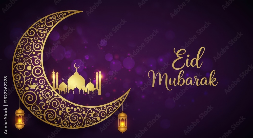 Fototapete a festive design for celebrating eid mubarak a crescent moon with golden traditional swirls patterns