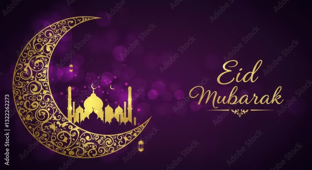 Fototapete a festive design for celebrating eid mubarak a crescent moon with golden traditional swirls patterns