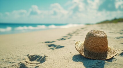 A sunhat lies on a sandy beach with footsteps leading to the azure ocean under a bright blue sky.