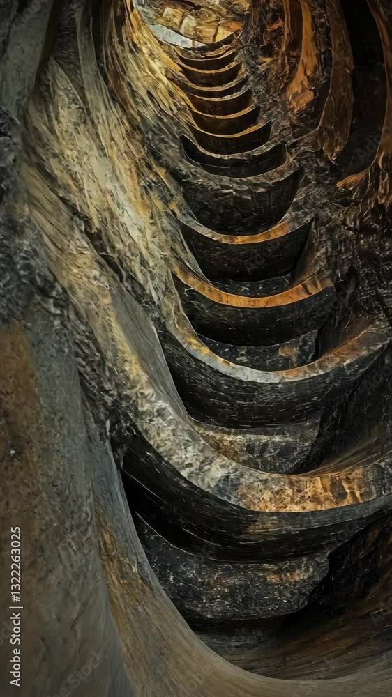 Poster intricate patterns within a dark, spiraling tunnel showcasing textured surfaces and lines carved int