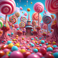 Candyland dreamscape filled with lollipops and sweets