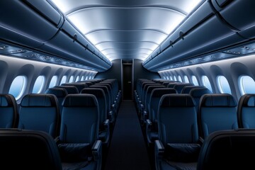Naklejka premium Inside an Airplane Cabin: Modern Aircraft Interior with Rows of Seats and Ambient Lighting for a Comfortable Flight Experience