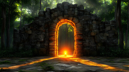 Obraz premium Ancient archway, sunlit path in a mysterious forest