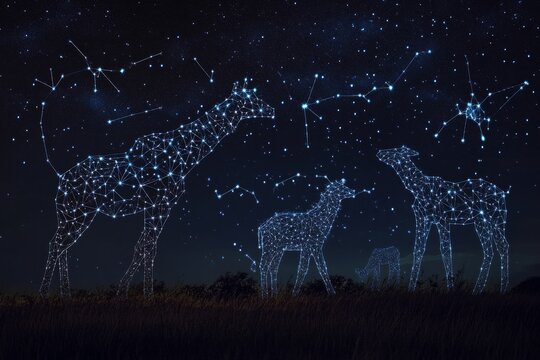 Celestial giraffes in night sky formed by star constellations