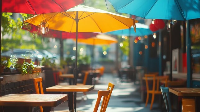 Vibrant street café scene with colorful umbrellas casting playful shadows over empty tables, suggesting a warm and inviting atmosphere.