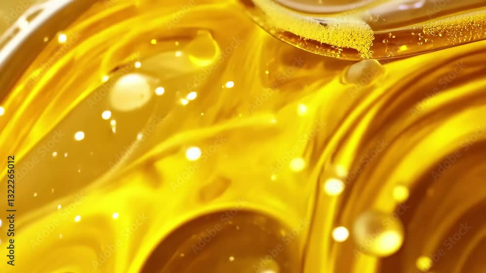 Poster Liquid flows seamlessly across the frame, showcasing vibrant shades of gold and dynamic movement, 4K Liquid flows across the frame 3D CGI Seamless