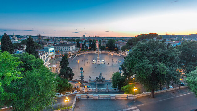 Aerial view of the large urban square, the Piazza del Popolo day to night timelapse, Rome after sunset