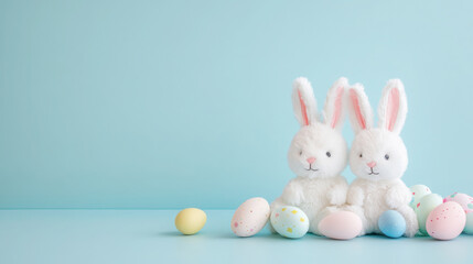 Obraz premium Cute white plush bunnies with colorful easter eggs on blue background