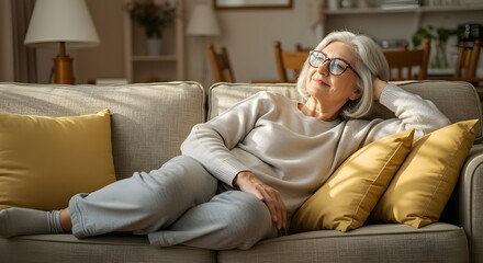 Fototapeta premium Relaxed Senior Woman Resting on Sofa at Home