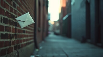 A solitary envelope mysteriously stuck on a brick wall in a narrow alley, hinting at secrets and untold stories.
