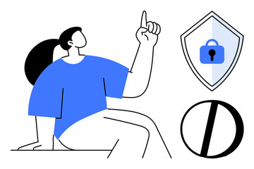 Person sitting, finger pointing upward. Shield with lock represents security circle with diagonal line across indicates prohibition. Ideal for security, safety, restriction, alertness, awareness