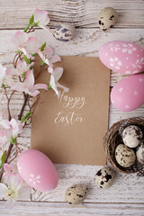 Easter decoration with quail easter eggs. greeting card, frame