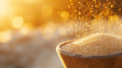 Sugar glistens in a wooden bowl, bathed in golden sunlight, capturing the essence of sweetness and simplicity in a sunlit kitchen.
