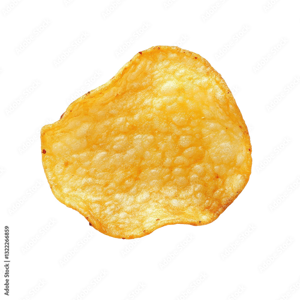 Poster unique potato chip resting on a plain transparent background showcasing its texture and shape, potat
