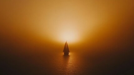 Fototapeta premium A solitary sailboat silhouetted against an amber sunset, gliding through still waters, embodies peace and freedom.
