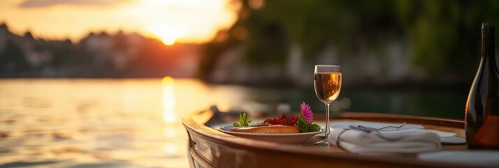 A beautifully set table on a boat at sunset features a gourmet meal and a glass of wine, capturing the essence of romance and fine dining by the water.