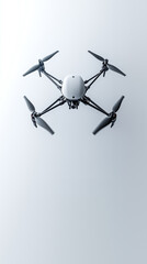 A modern quadcopter drone with a sleek design hovers against a plain white background, showcasing its minimalistic and futuristic aesthetics.  