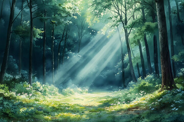 Obraz premium In an April forest, sunlight filters through trees, heralding the arrival of spring with vibrant colors and fresh blooms