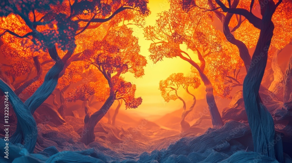 Poster golden sunlight filters through a forest filled with trees adorned in brilliant orange foliage. the 