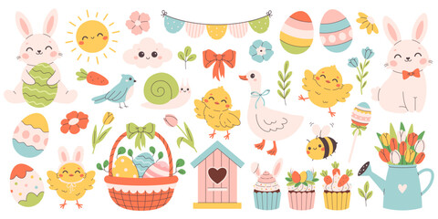Cute Easter set. Spring collection of animals, flowers and seasonal decorations. Design for greeting cards, posters, scrapbooking, stickers. Vector illustration in flat style © Amahce