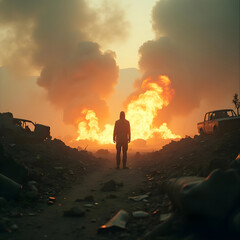 Silhouette amidst fiery chaos and scattered debris