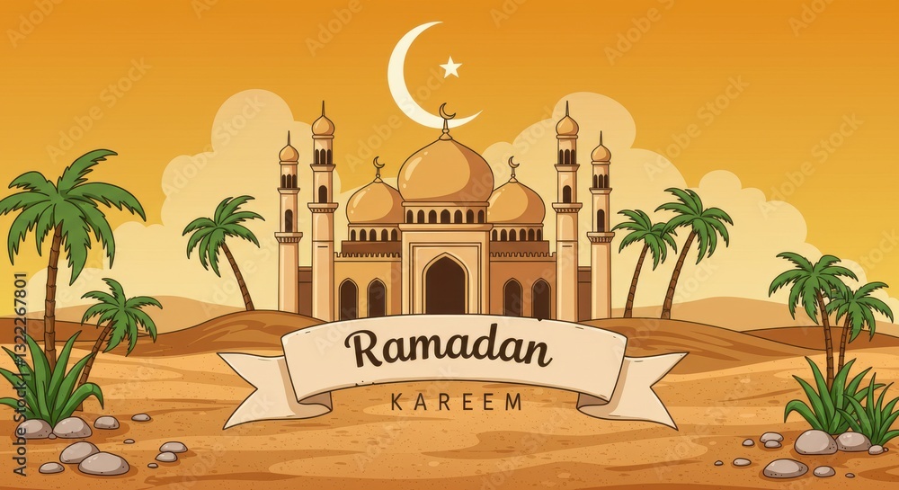 Fototapete a beautiful illustration of a mosque during the holy month of ramadan a large dome and several minar
