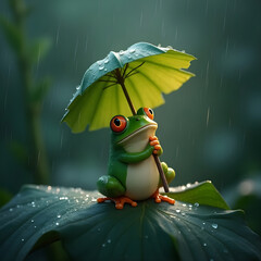 Frog with leaf umbrella in the gentle rain