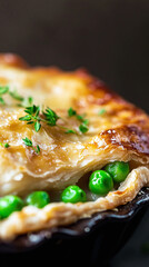 Delicious savory pie with golden crust and fresh peas