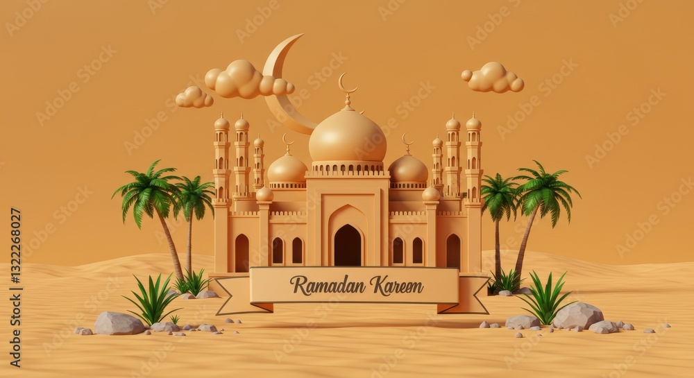 Fototapete a beautiful illustration of a mosque during the holy month of ramadan a large dome and several minar