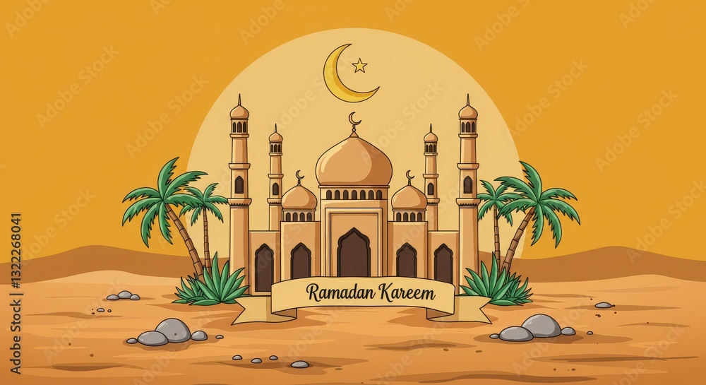 Fototapete a beautiful illustration of a mosque during the holy month of ramadan a large dome and several minar