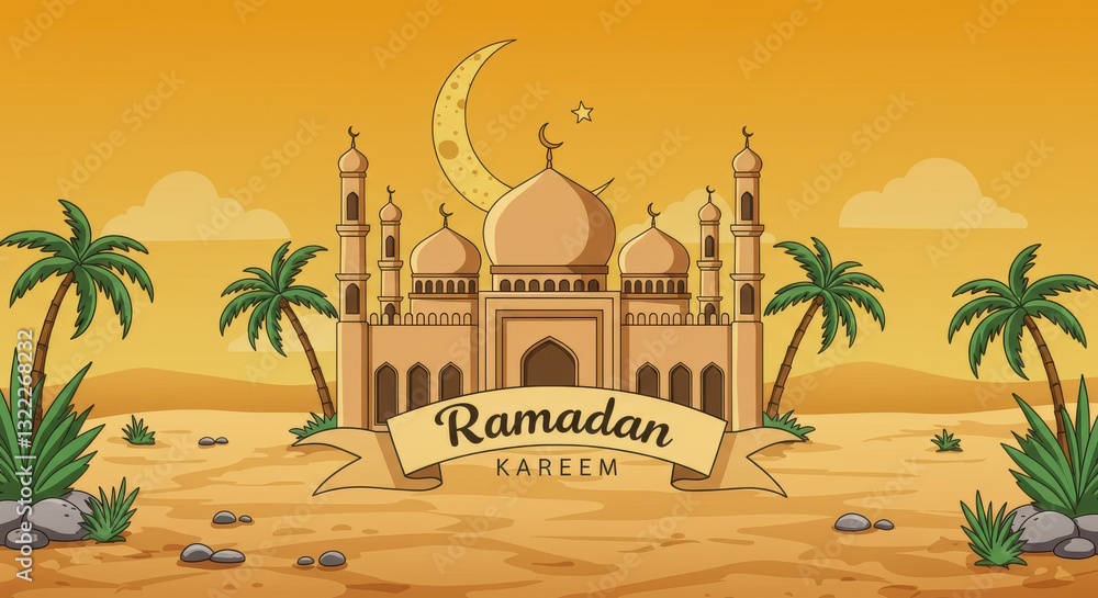 Fototapete a beautiful illustration of a mosque during the holy month of ramadan a large dome and several minar
