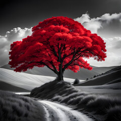 Majestic red tree on a monochrome winding path