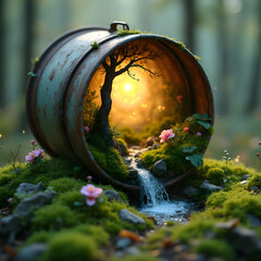 Enchanted forest in a barrel with glowing light