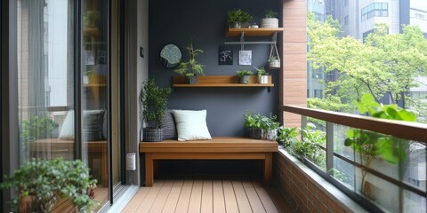 Fototapeta premium A modern balcony garden displays a seating area with many plants
