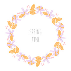 Round frame on white background, cute cartoon clipart, branch with leaves and flowers, round wreath. Vector floral design for invitation card, ceramics, etc. Universal template for creativity.
