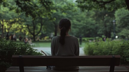 A woman sits on a park bench, lost in a book, surrounded by vibrant greenery and softened city sounds in a serene, contemplative atmosphere.