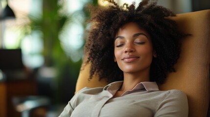 Fototapeta premium A businesswoman, her eyes closed and a serene smile gracing her face, reclined in her plush office chair, her stress melting away as she enjoyed the quiet moments of peace offered by her work